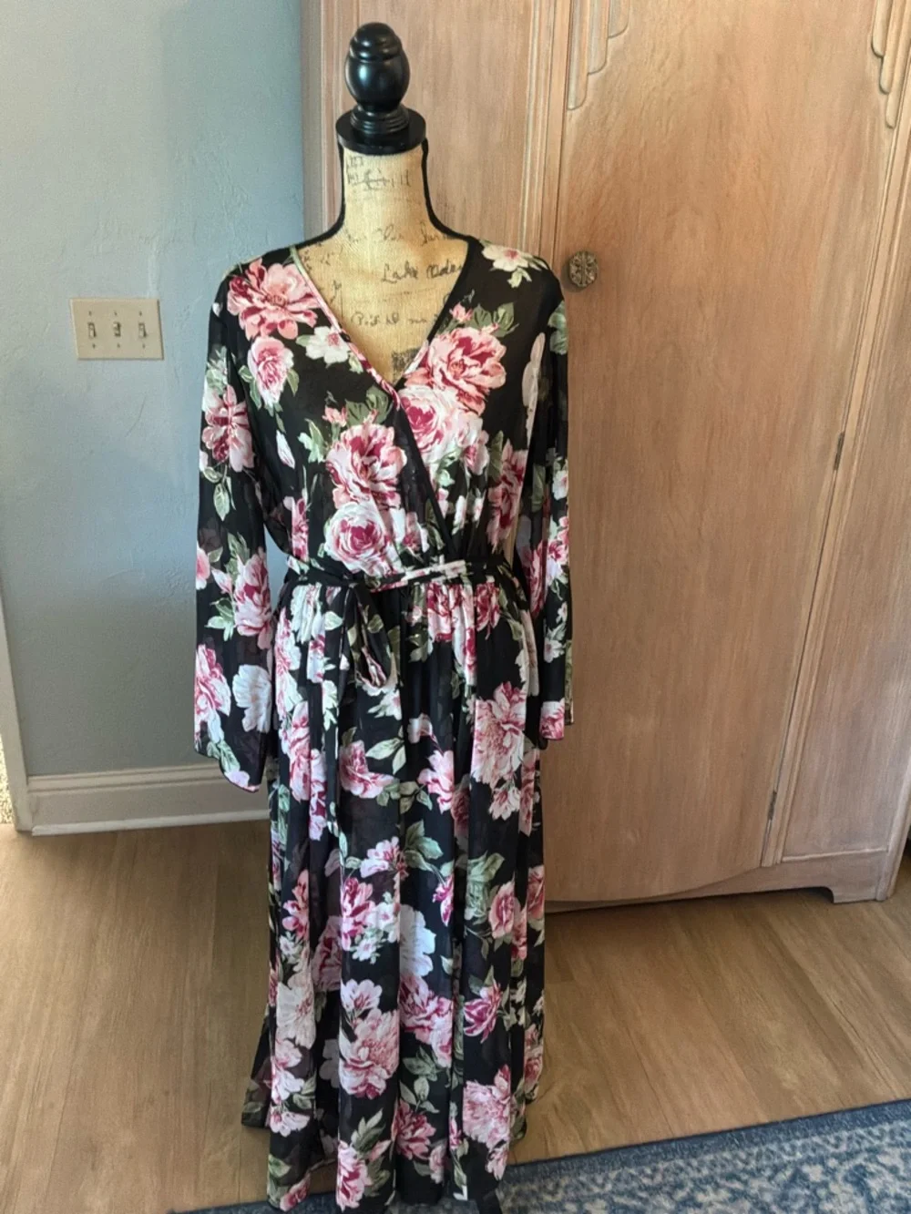 Alexa B Black black Floral Belted Maxi Dress wedding guest plus bell sleeve 16W